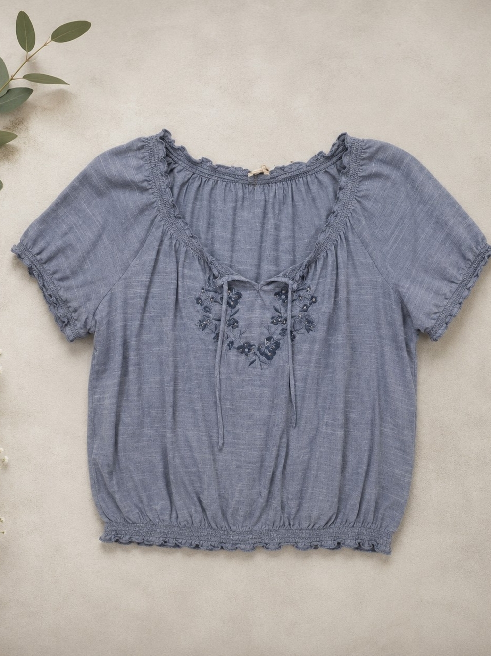 Blue Embroidered Peasant Blouse Boho Cottagecore Top
